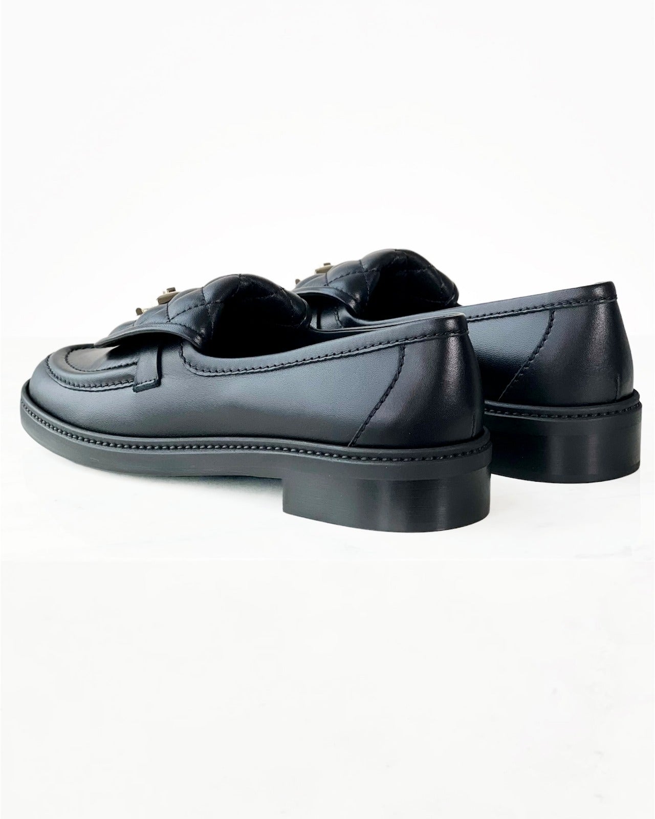 Black Quilted Tab Lambskin Flap Loafers